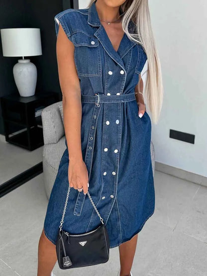 Collared Neck Cap Sleeve Denim Dress - Stylish Collared Denim Dress for Every Occasion
