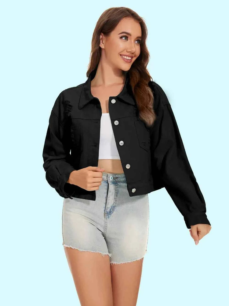 Distressed Denim Jacket with Buttons Up