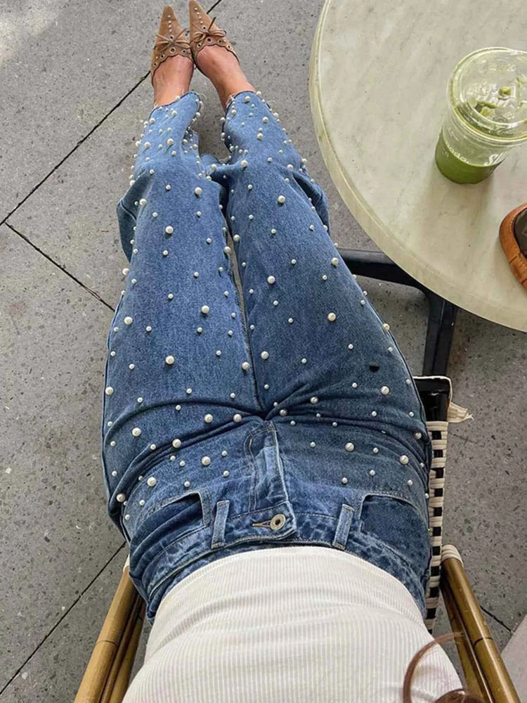 Pearl Embellished High Waist Jeans for Effortless Style and Comfort