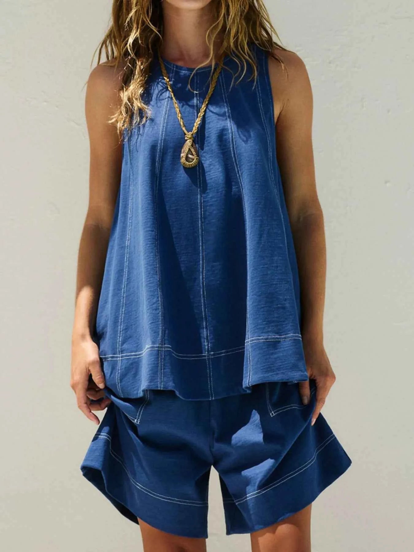 Casual Contrast Stitch Denim Tank Top and Shorts Set